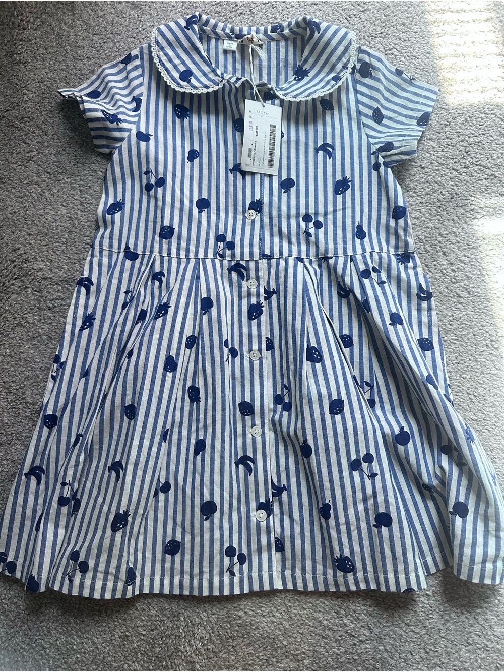 Bit’z Kids Girls Blue Stripe Cotton Dress with Navy Fruit Print
